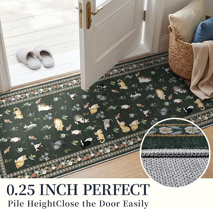 2x12 Washable Hallway Runner Rug - Soft Low Pile Floral Animal Cat Print Rugs with Non-Slip Backing Waterproof Stain-Resistant Indoor Carpet for Kitchen Entryway Bathroom Bedroom (Sage Green)