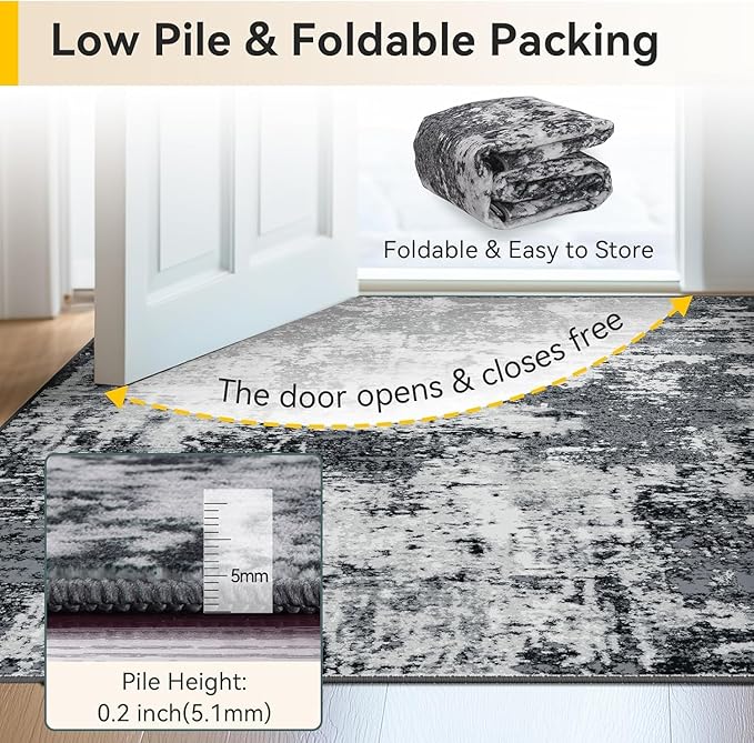 Washable Area Rugs Square 7ft Non-Slip Modern Abstract Soft for Living Room Entryway Bedroom Nursery, Print Pattern, Black Navy Blue Gray
