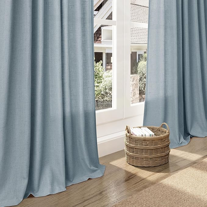 Nanspring Light Blue Linen Curtains for Living Room Bedroom 100 Inches Long Back Tab Rod Pocket Light Filtering Drapes for Protect Privacy Curtain Modern Farmhouse Decor 2 Panels Set 52x100