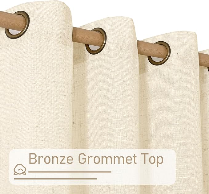 LAMIT Beige Linen Curtains 54 Inches Long for Bedroom, Semi Sheer Neutral Faux Linen Textured Window Light Filtering Panels with Bronze Grommet for Kitchen,2 Panels Set, 52 X 54 Inch