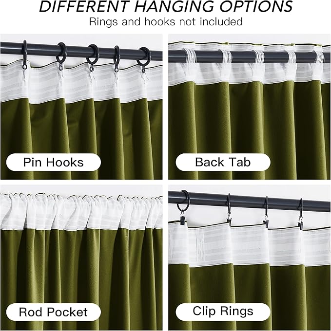 RYB HOME Moss Green Velvet Curtains 63 inches with Hook Belt, Soft Fabric Room Darkening Thermal Insulated Luxurious Home Decor Curtains for Living Room Bedroom, W 42" x L 63", 2 Panels Set