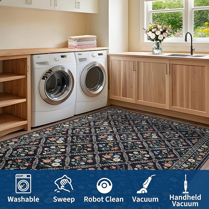 GarveeHome Grey Floral Rug 4x6 Rug Machine Washable Area Rug for Living Room Farmhouse Floral Low Pile for Dining Room, Bedroom Indoor Foldable Non-Slip Navy&Black RV