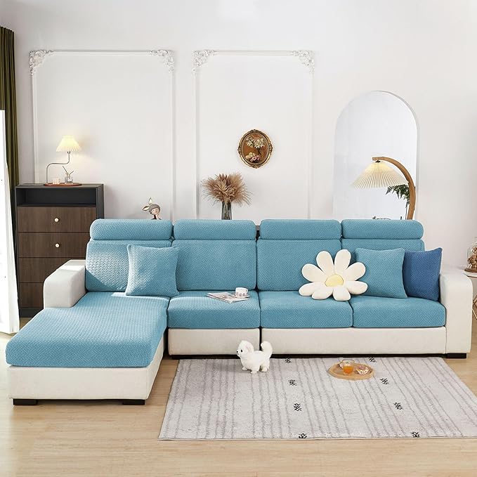 Sofa Covers Couch Covers for Sofa Pet Friendly Couch Cushion Covers Universal Sofa Covers Washable Stretch Slipcovers for Sectional Sofa (Texture Sea Blue, 3 Seats + Chaise Cover)
