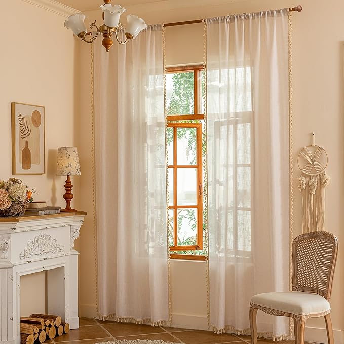MYSKY HOME 90 Inch Boho Cream Semi Sheer Curtains Light Filtering Back Tab Drapes for Living Room Sliding Door & Patio Privacy Protect Farmhouse Country Decor, 50" W×90" L, Natural, 2 Panels