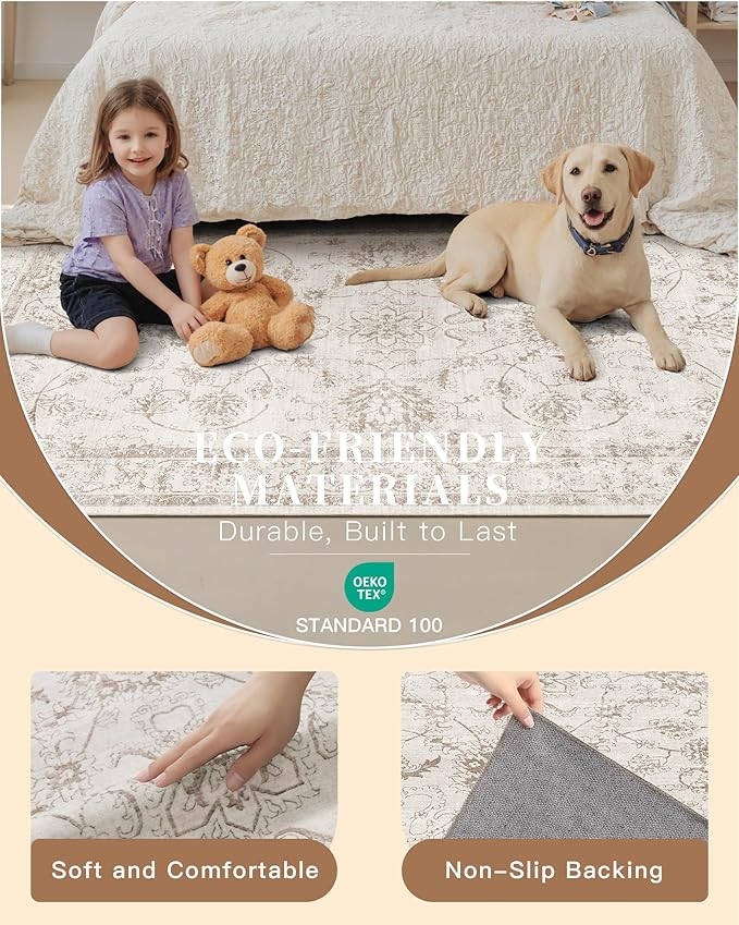 Madane Runner Rug 2x8 for Hallway, Kitchen Non-Slip Runner Rug with Rubber Backing, Vintage Soft Low Pile Throw Neutral Carpet Runner for Laundry Room Entryway Bathroom Bedroom (2 x 8, Brown/Ivory)