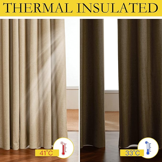 NICETOWN 100% Absolutely Blackout Linen Curtains with Thermal Insulated White Liner, Camel, W42 x L72, 2 Panels, Long Curtains 72 inch Length for Patio Door, Doorway, Office, Overnight Shiftworker