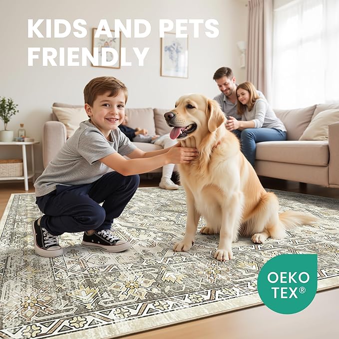 zesthome 8x10 Area Rugs for Living Room,Non-Slip Backing Washable Rugs,Vintage Large Area Rug，Stain Resistant Home Decor Rug (Beige/Brown,8'x10')