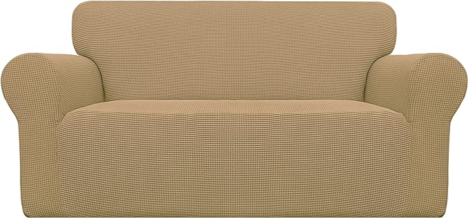 Easy-Going Stretch Loveseat Slipcover 1-Piece Sofa Cover Furniture Protector Couch Soft with Elastic Bottom for Kids Polyester Spandex Jacquard Fabric Small Checks (Loveseat, Golden)
