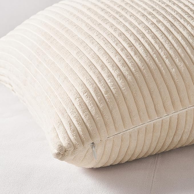 Topfinel 4 Packs Neutral Decorative Throw Pillows Covers 18x18 Inch for Living Room Couch Bed Sofa, Rustic Farmhouse Boho Home Decor, Soft Plush Striped Corduroy Square Cushion Case 45x45 cm