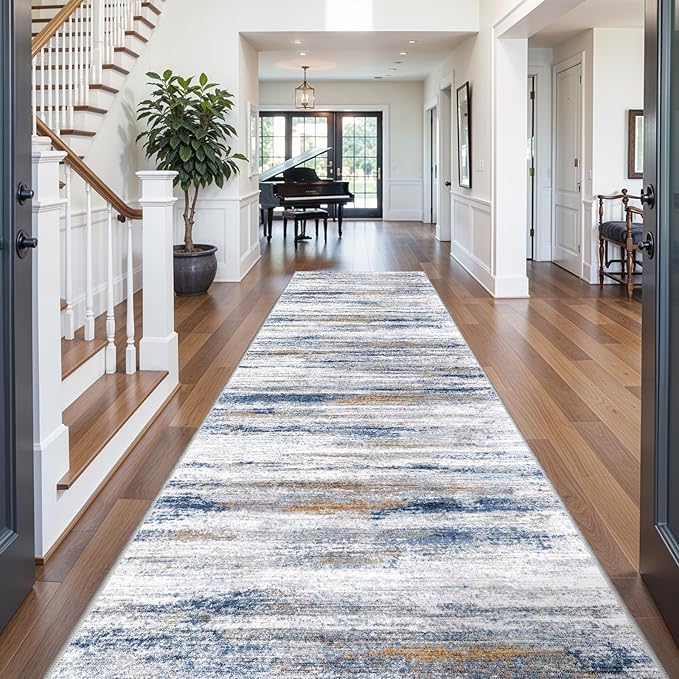 Large Runner Rugs for Hallway 4x20: Non-Slip Washable Wide Carpet - Soft Low-Pile Stain and Spill Resistant Rug for Entryway Living Room Dining Room Balcony Garage Office Navy Grey