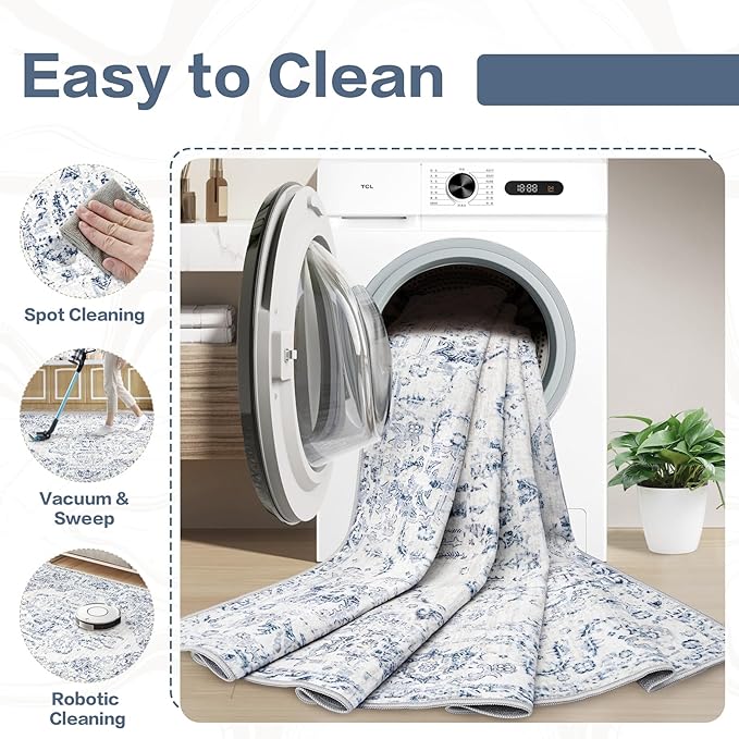 8x10 Area Rugs for Living Room: Washable Rug Vintage Large Rugs Soft Non Slip Low Pile Rug Floral Distressed Floor Carpet for Bedroom Kitchen Nursery Dining Room Home Office (Blue, 8'x10')