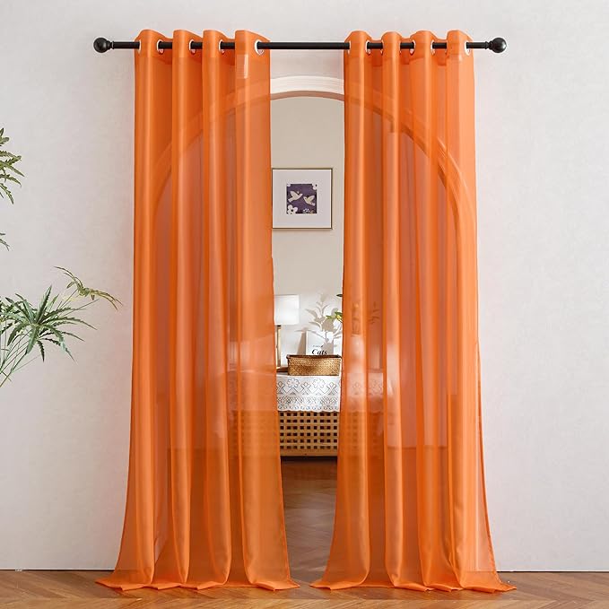 NICETOWN Orange Sheer Window Curtains for Saint's Day, Grommet Voile Sheer Textured Window Treatment with Light Filtering Drapes for Kids Room, W54 x L84, 2 Panels