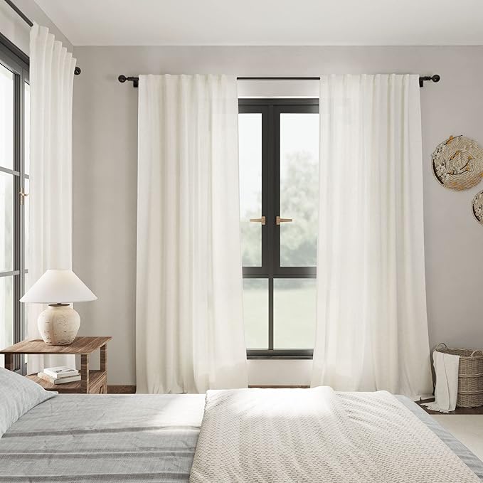 Cream Linen Curtains 84 Inch Length 2 Panels Back Tab Rod Pocket Semi Sheer Bedroom Curtains Light Filtering Country Closet Curtain Drapes Netural Farmhouse Window Panels for Living Dining Room 42x84