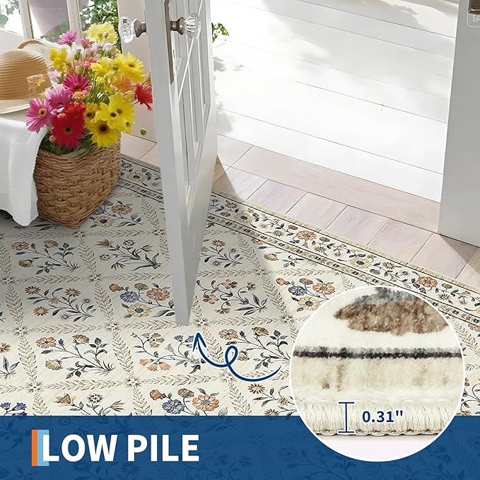 6x9 Machine Washable Area Rugs for Living Room Floral Stain Resistant Soft Carpet Vintage Low Pile Non Slip Non-Shedding Floor Carpet Rugs for Bedroom Nursery Beige