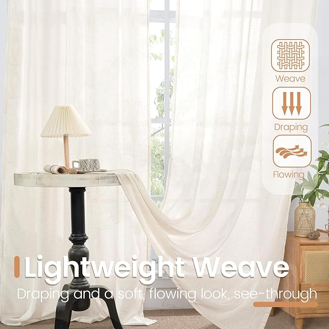BGment Linen Semi Sheer Curtains 72 Inch Length for Living Room - Rod Pocket Natural Textured Ivory Window Drapes Light Filtering for Bedroom Dining Lightweight Rustic, 2 Panels Set, 52 X 72 Inch