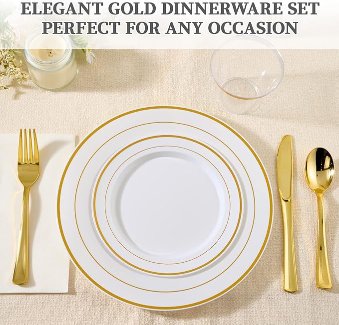 FOCUSLINE 600 Ct Gold Dinnerware Set for 100 Guests - Gold Rimmed Disposable Plastic Plates, Includes 100 Dinner & Salad Plates, Cups, Cutlery Set for Wedding Parties