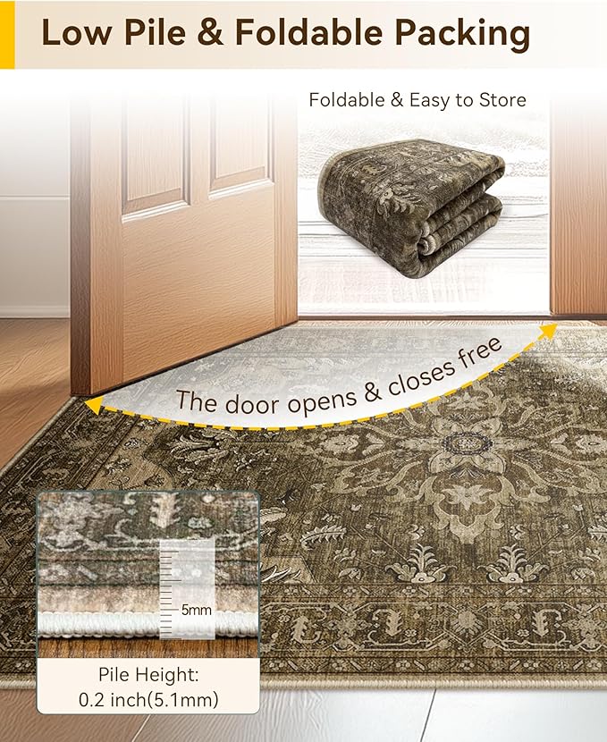 Area Rugs Round 8ft Washable Non-Slip, Floral Vintage Distress Print Pattern Medallion Carpet for Living Room Bedroom Dining Room, Brown Dark Brown