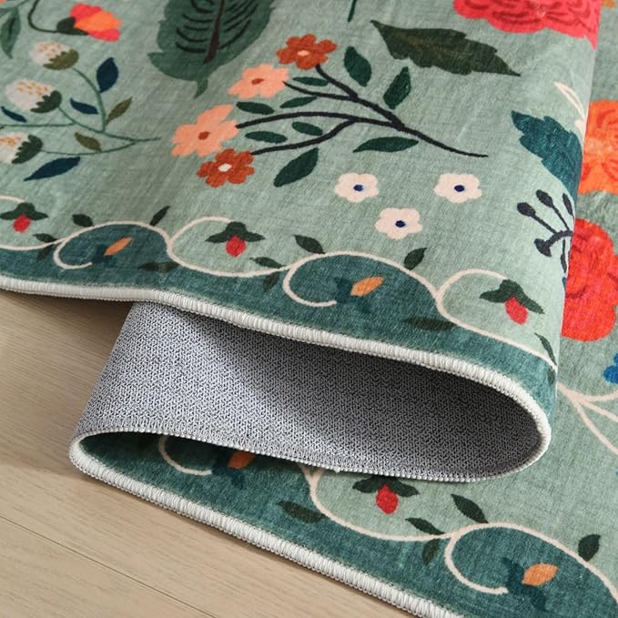 Rugcomf Long Hallway Runner Rug 2'7"x14' - Floral Washable Non Slip Boho Carpet for Kitchen, Entryway, Hall, Bathroom - Green