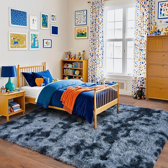 Pionblank Super Fluffy Area Rug for Bedroom 5x7, Modern Indoor Shag Carpet, Soft Plush Non Slip Rugs for Living Room Kids Room Cloakroom Home Decor, Blue Grey