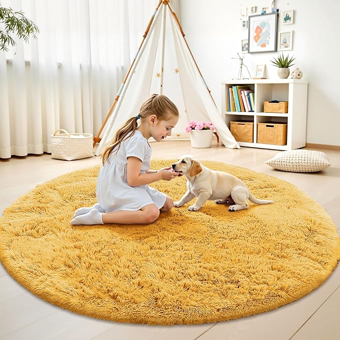 OLANLY Mustard Yellow Round Rugs for Bedroom - Machine Washable, 8 ft Circle Area Rugs for Living Room, Soft and Fluffy Shaggy Carpet for Teen Girl and Boys, Nursery Rooms, Dorms, Home Decor Aesthetic