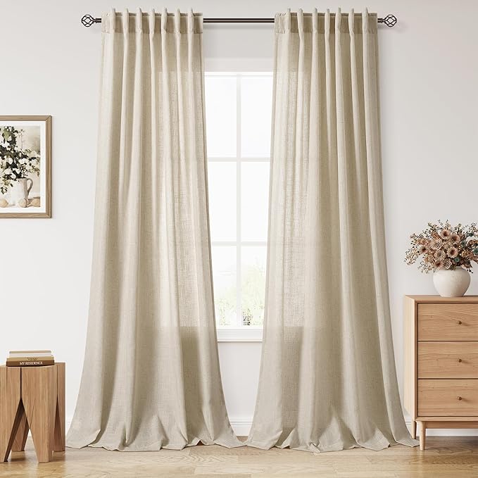 Eggshell Beige Linen Curtains for Living Room 100 Inches Long Light Filtering Semi Sheer Curtain Back Tab Rustic Farmhouse Decor Burlap Luxury Boho Drapes for Bedroom Dinner Room 52x100, 2 Panels