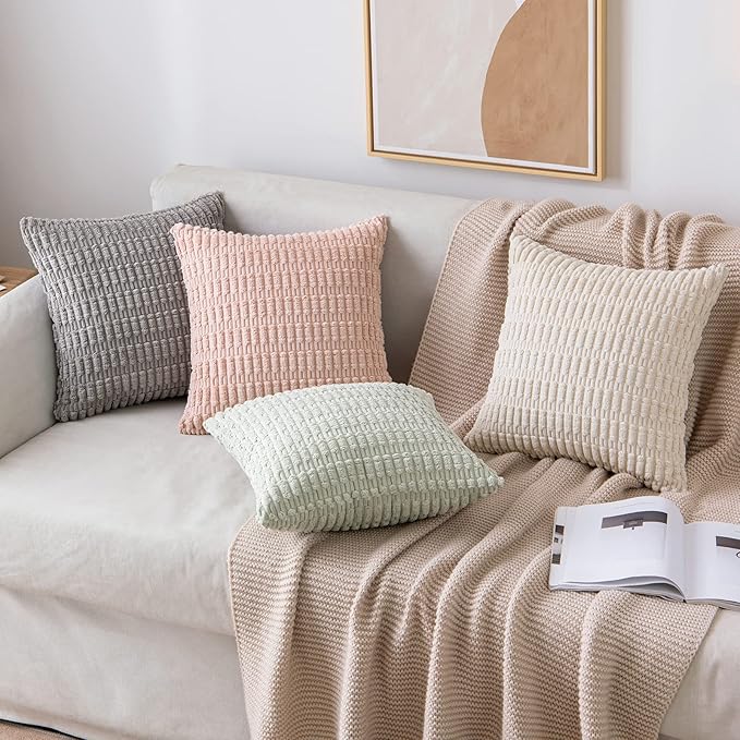 MIULEE Pack of 2 Corduroy Decorative Throw Pillow Covers 20x20 Inch Soft Boho Striped Pillow Covers Modern Farmhouse Home Decor for Sofa Living Room Couch Bed Light Grey