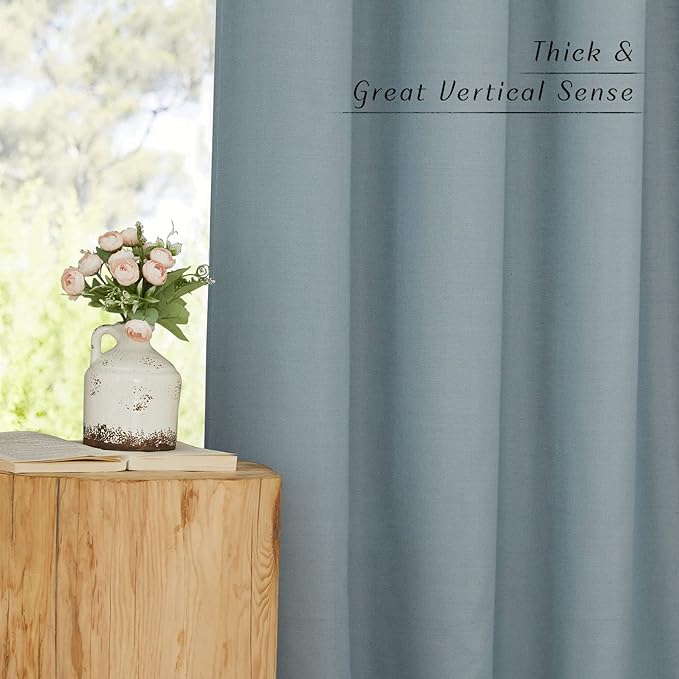 NICETOWN Thick Linen Stone Blue Curtains for Kitchen, Grommet Short Semi Sheer Window Treatments Privacy Assured with Light Filtering Linen Blend for Cafe/Boys Room, 2 Panels, W55 x L54