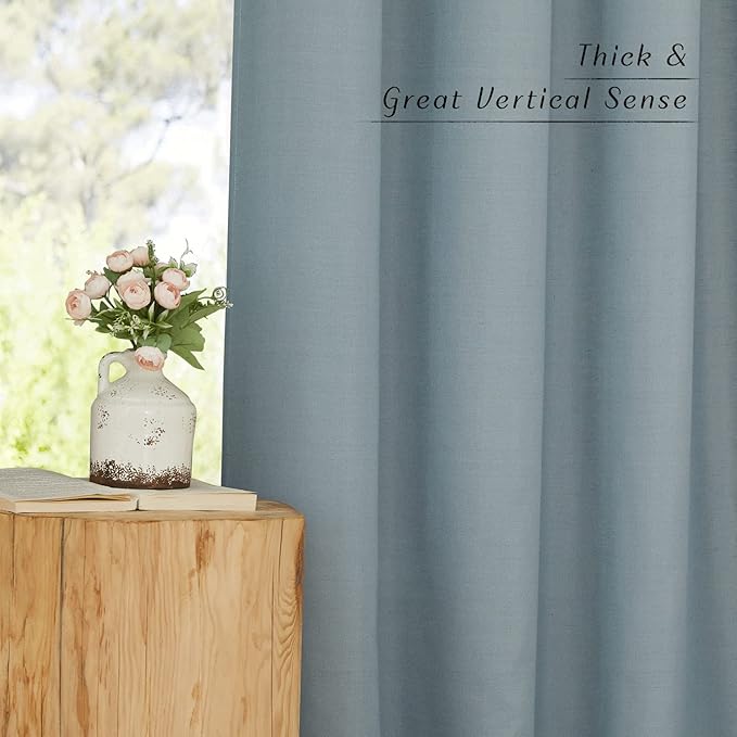 NICETOWN Stone Blue Short Linen Curtains for Kitchen, Thick Flax Small Window Treatments Semi Sheer Privacy Assured with Light Through for Cafe/Bathroom, W42 x L48, 2 Panels