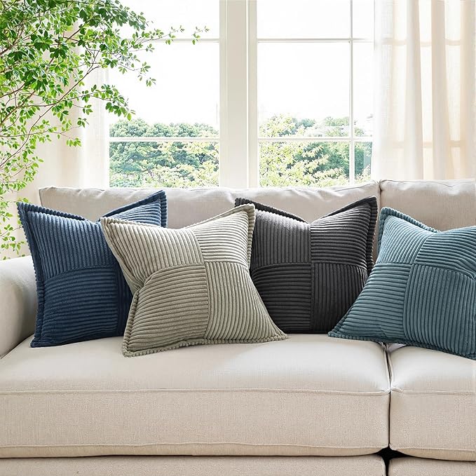 MIULEE Decorative Euro Sham Throw Pillow Covers for Couch Bed Livingroom 26x26 Inch Set of 2 Blue Boho Accent Throw Pllows Broadside Striped Patchwork Soft Corduroy Summer Coastal Pillowcases