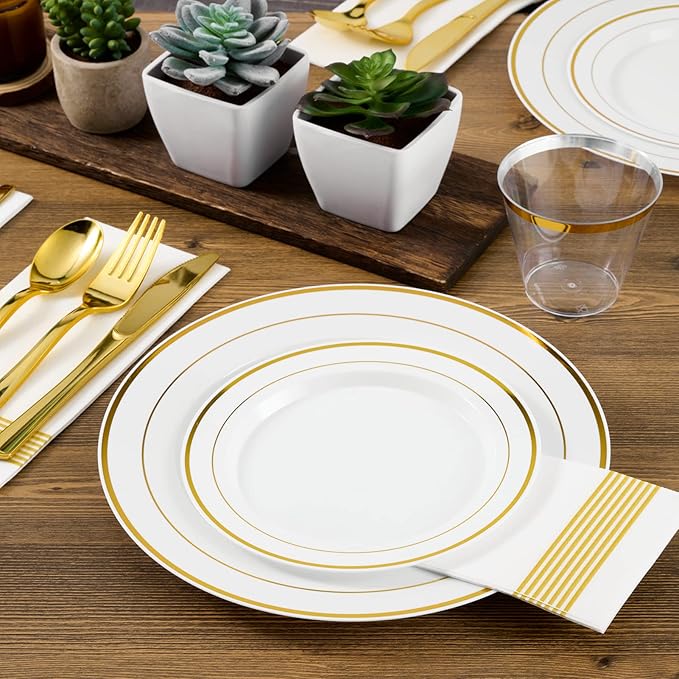 FOCUSLINE 600 Ct Gold Dinnerware Set for 100 Guests - Gold Rimmed Disposable Plastic Plates, Includes 100 Dinner & Salad Plates, Cups, Cutlery Set for Wedding Parties