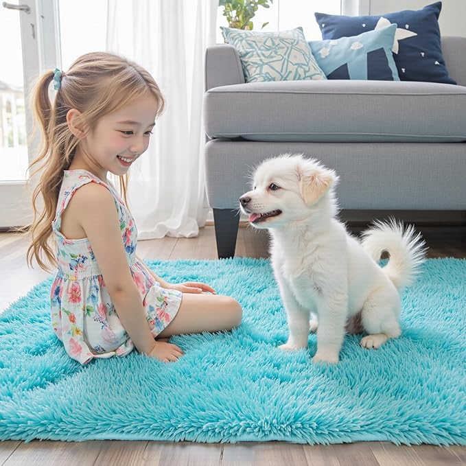 Rugs for Living Room 5x8, Alfombras para Salas Shag Large Plush Soft Area Rug, Shaggy Carpets for Bedroom, Kids Boys Girls Home Decor Aesthetic(Teal Blue, 5 x 8)