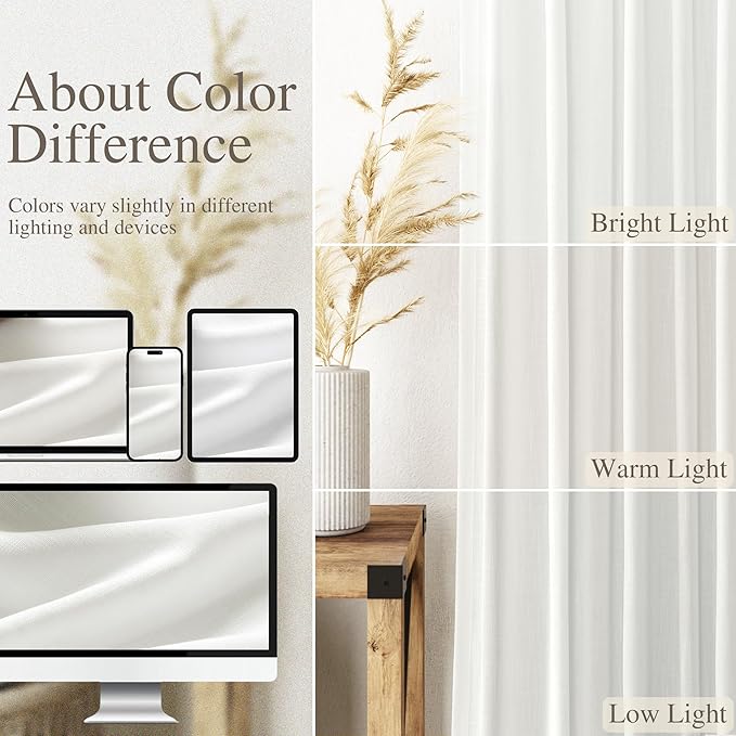 Solid Off White Curtains 96 Inches Long 2 Panels Back Tab Sheer Linen Curtain Modern Farmhouse Coastal Decor White Cotton Textured Gauze Curtains 96 inch Length for Patio Sliding Door Office Bedroom