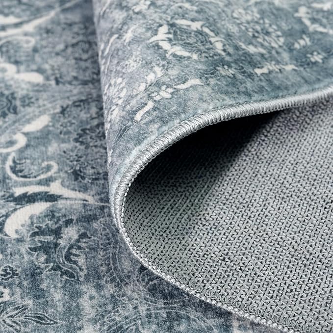 4x8 Washable Hallway Runner Rug - Wide Kitchen Runners Vintage Low Pile Carpet Soft Thin Floor Runner with Rubber Backing for Entryway Bedroom Living Room Home Decor (Blue)