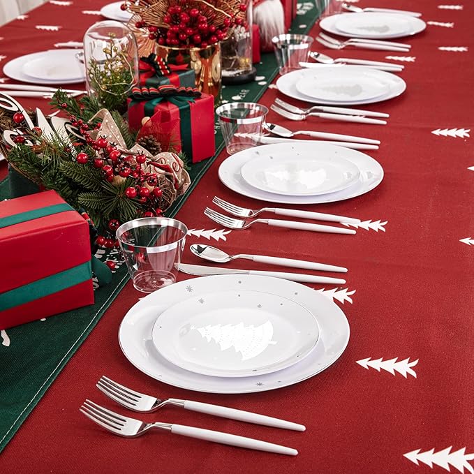 bUCLA 150PCS Christmas White and Silver Plastic Plates for 25 Guests - Include 25 Each (Dinner & Dessert) Plates, 25 Cups, 25 Knives, 25 Forks, 25 Spoons