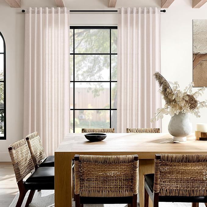 Nanspring Natural White Linen Curtains 108 Inches Long for Living Room Burlap Textured Neutral Farmhouse Sheer Curtains Back Tab Floor to Ceiling High Window Curtain for Bedroom 52x108, 2 Panels