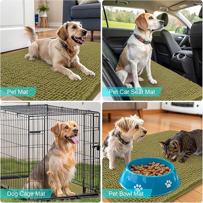 OLANLY Dog Door Mat for Muddy Paws 34x21, Absorbs Moisture and Dirt, Absorbent Non-Slip Washable Doormat, Quick Dry Chenille Mud Mat, Entry Indoor Entryway Carpet for Inside Floor, Willow Green