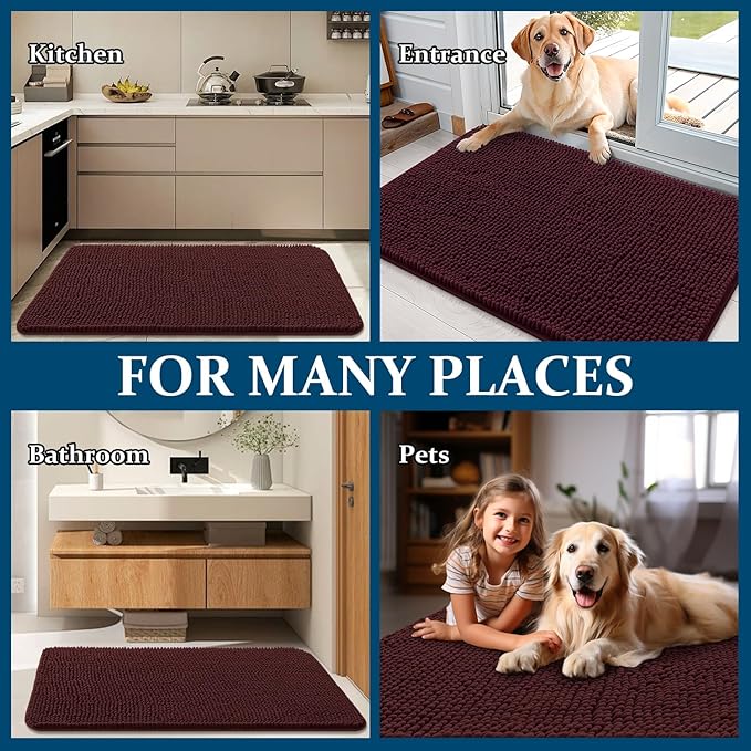 OLANLY Dog Door Mat for Muddy Paws 54x32, Absorbs Moisture and Dirt, Absorbent Non-Slip Washable Doormat, Quick Dry Chenille Mud Mat for Dogs, Entry Indoor Entryway Carpet for Inside Floor, Russet