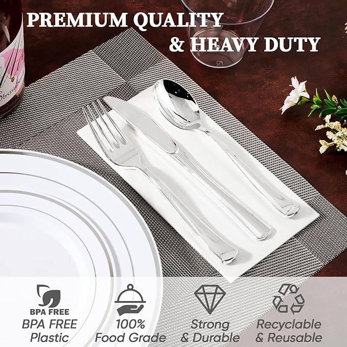 FOCUSLINE 600 Ct Silver Dinnerware Set for 100 Guests - Silver Rimmed Disposable Plastic Plates, Includes 100 Dinner & Salad Plates, Cups, Cutlery Set for Wedding Parties