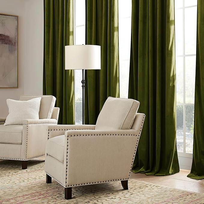 RYB HOME Moss Green Velvet Curtains 84 inches with Hook Belt, Soft Fabric Room Darkening Thermal Insulated Luxurious Home Decor Curtains for Living Room Bedroom, W 42" x L 84", 2 Panels Set