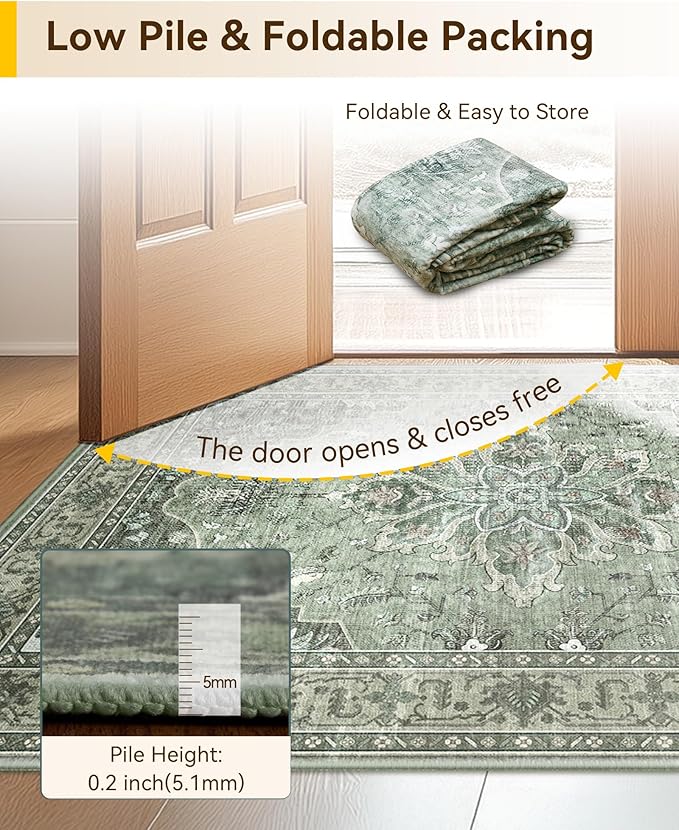 RELEANY Area Rugs 6'x8' Washable Non-Slip, Floral Vintage Distress Print Pattern Medallion Carpet for Living Room Bedroom Dining Room, Dark Green Gray