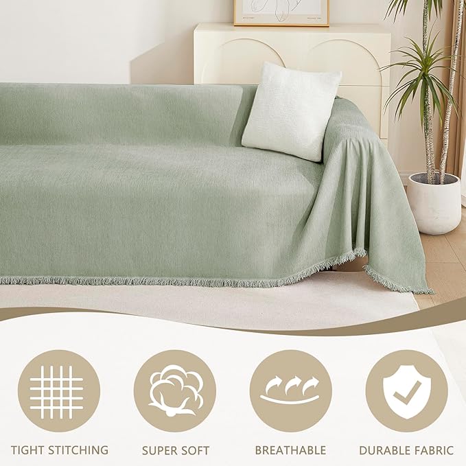 MYSKY HOME Couch Cover L Shape, Sectional Couch Covers, Couch Cover Blanket Furniture Protector for Pets, Sofa Covers Tassel Chenielle Sofa Slipcover Soft Throw Couch for Dogs,91"X150", Sage Green