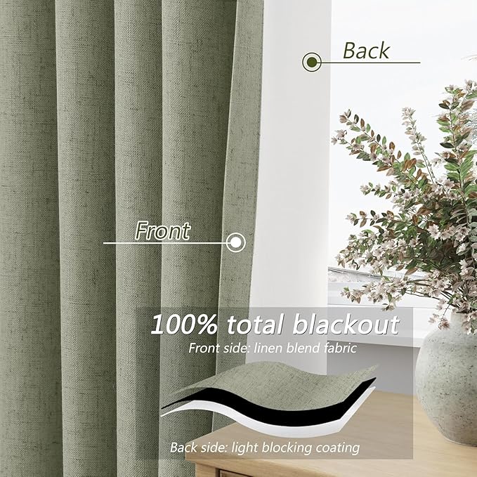 Guken 100% Blackout Linen Curtains 112 Inch Wide by 52 Inch 2 Panels Set for Living Room Bedroom Back Tab Thermal Insulated Black Out Linen Drapes Room Darkening Window Curtains, Sage Green