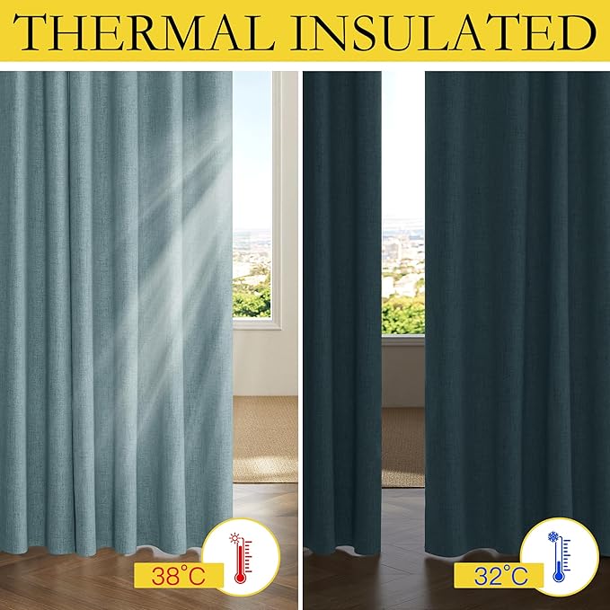 NICETOWN 100% Absolutely Blackout Linen Curtains with Thermal Insulated White Liner, Skylark Blue, 52 inches Wide, 90 inches Length Energy Saving Curtains for Living Room 2 Panels Set, Vertical Blinds