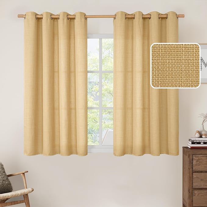 LAMIT Caramel Brown Linen Curtains 54 Inch for Bedroom, Grommet Thick Linen Textured Burlap Curtains Light Filtering Privacy Window Treatments Drapes for Living Room, Set of 2 Panels, 52 x 54 Inch