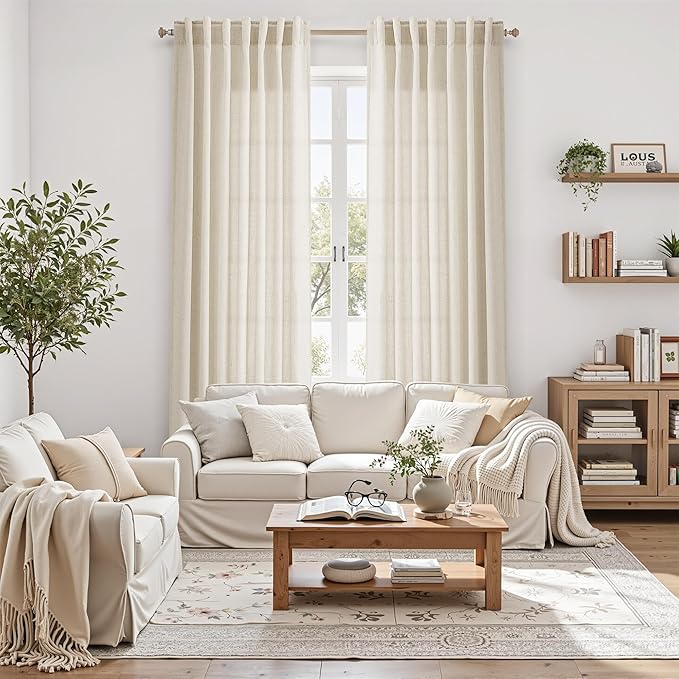 Nanspring Birch Beige Curtains 90 Inches Long for Living Room Linen Light Filtering Semi Sheer Curtain Back Tab Rod Pocket Modern Farmhouse Decor Elegant Coastal Drapes for Bedroom 52x90, 2 Panels
