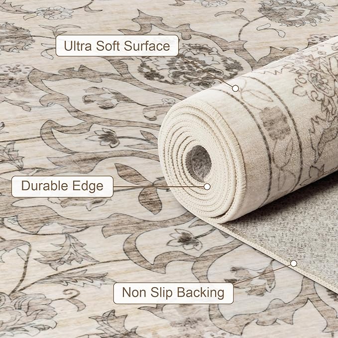 Area Rugs 10x14 Living Room Rug: Washable Rug Soft Vintage Distressed Floral Carpet Indoor Non-Slip Stain Resistant Large Carpets for Bedroom Dining Room Farmhouse Nursery Home Office Brown Beige