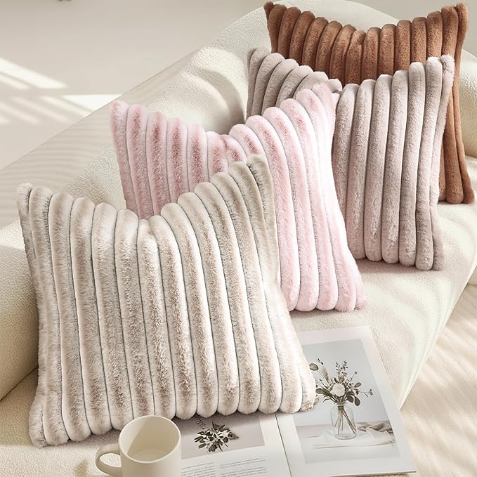 decorUhome Cozy Faux Fur Throw Pillow Covers 26x26 Set of 2 Decorative Soft Plush Striped Modern Farmhouse Boho Couch Euro Sham Pillow Cases with Velvet Back for Sofa Bed Living Room, Brown