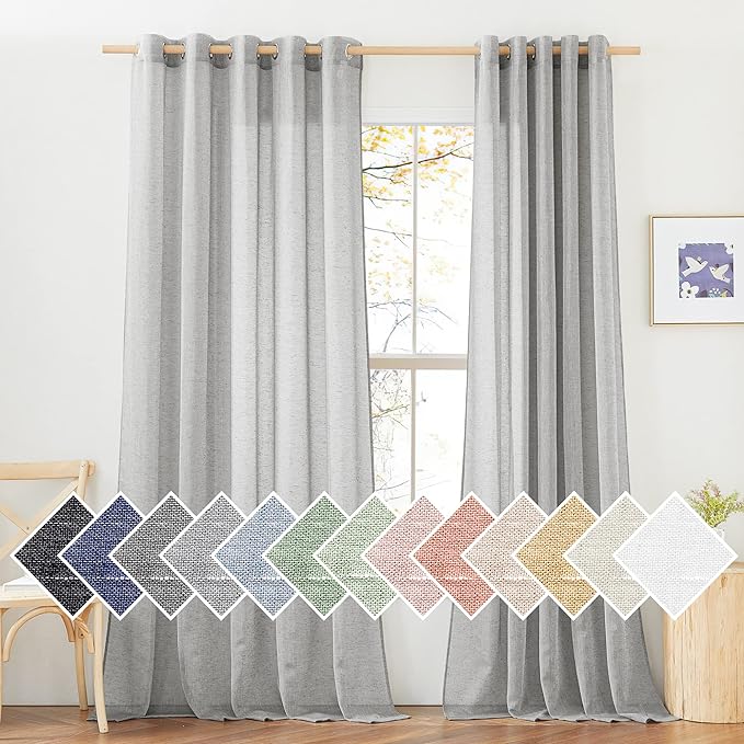 NICETOWN Linen Sheer Sliding Door Curtains 84 inch Long for Living Room, Grommet Semi Sheer Vertical Drapes Privacy with Light Filter for Home Office, W70 x L84, Grey, 1 Pair