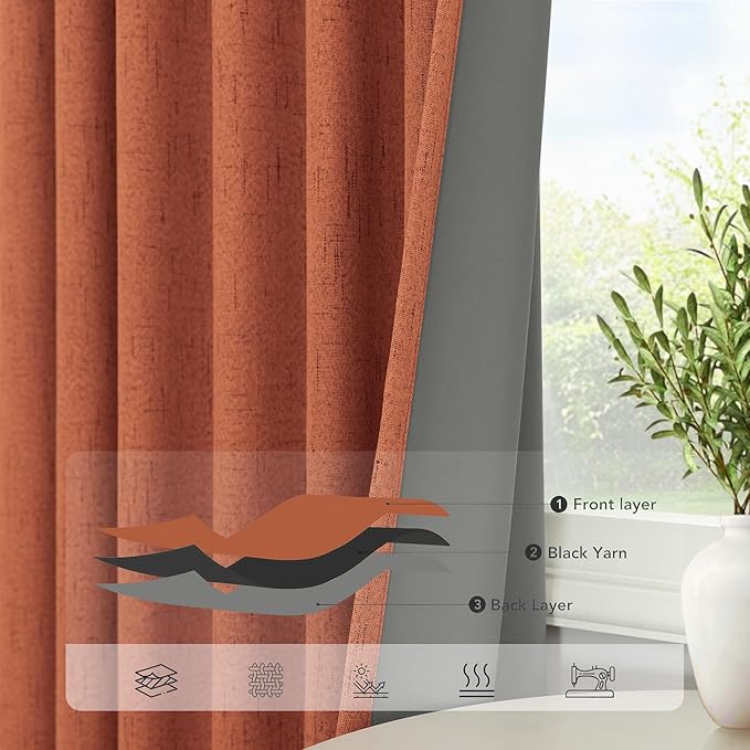 Pitalk Boho Blackout Curtains for Living Room Linen Textured Bohemian Vintage Mid Century Modern Farmhouse Curtains for Bedroom 90 Inch Length 2 Panel Rust Terracotta Colored Long Drapes Dusty Orange