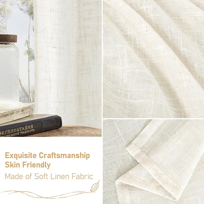 LAMIT Cream Linen Kitchen Curtains 30 Inch Length, Semi Sheer Light Filtering Window Panels Back Tab and Rod Pocket Drapes for Basement/Small Windows, 25 x 30 Inch, 2 Panels